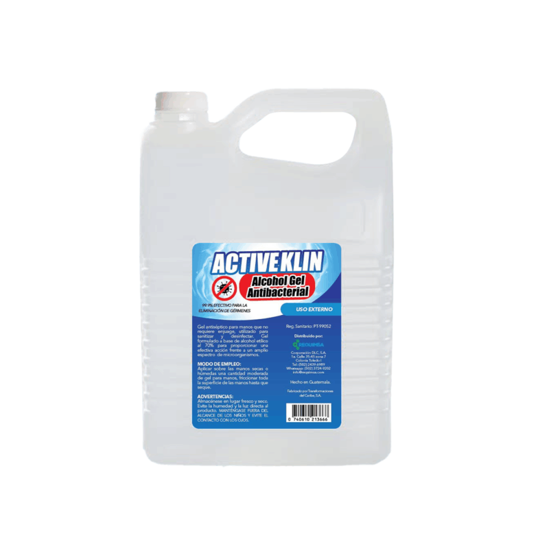 Activeklin alcohol en gel, galón, desinfectante altamente efectivo en Guatemala.